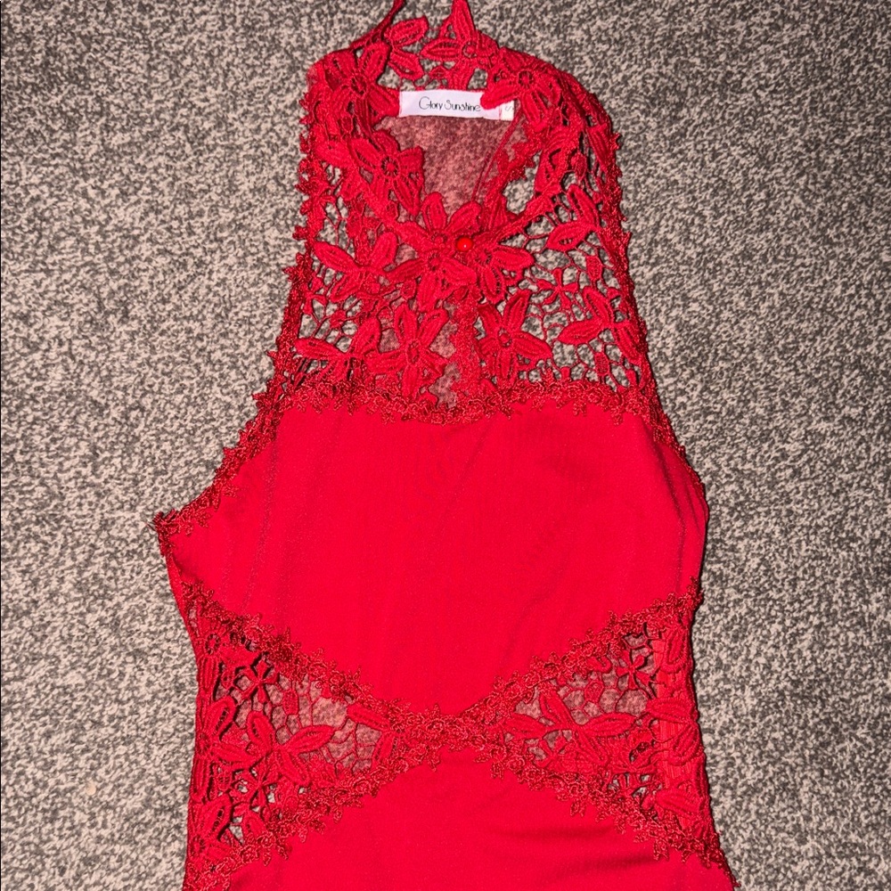 Chic Red Lace Halter Maxi Dress